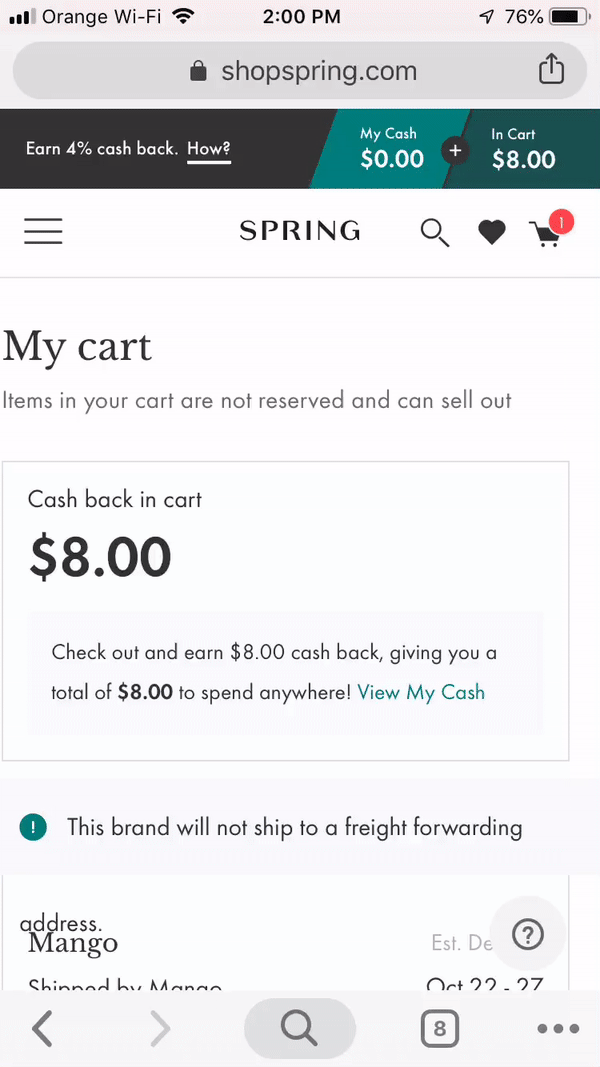 Shopspring.com shopping cart