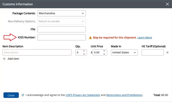 IOSS Number input location in Web